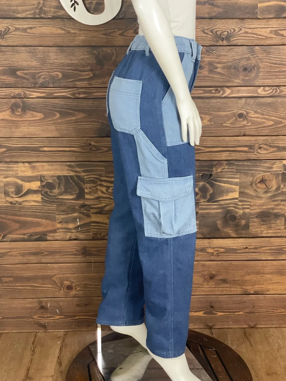 Two Tone Carpenter Cargo Jeans Straight Leg‎ Multi Pocket Patchwork Denim